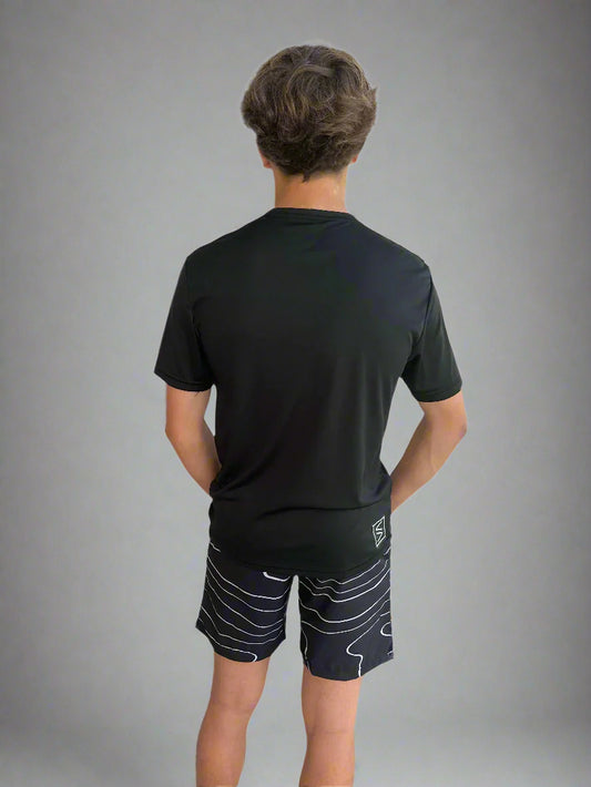 Male modeling back of Legend Classic Performance T and Tidal Wave Shorts by Rival Fit Gear.
