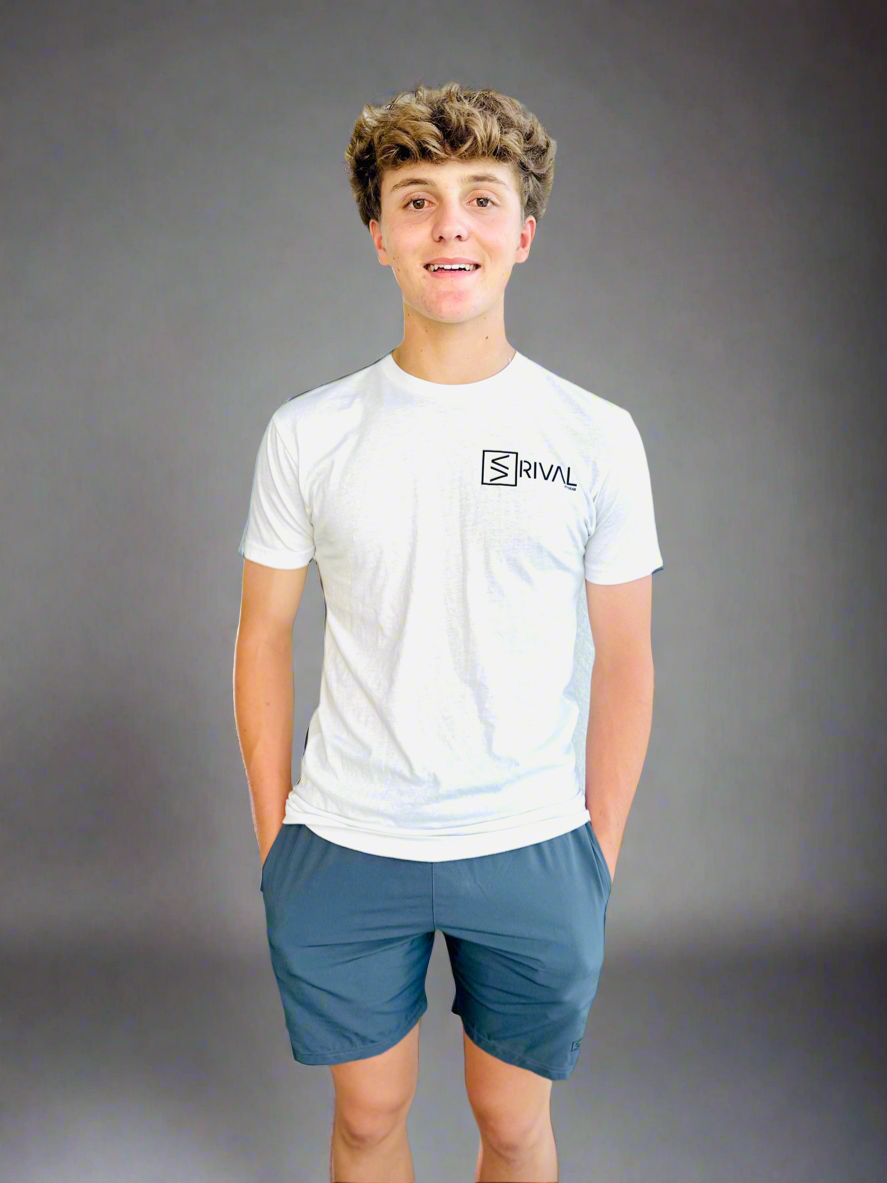 Male model wearing Rival Florida T in white.