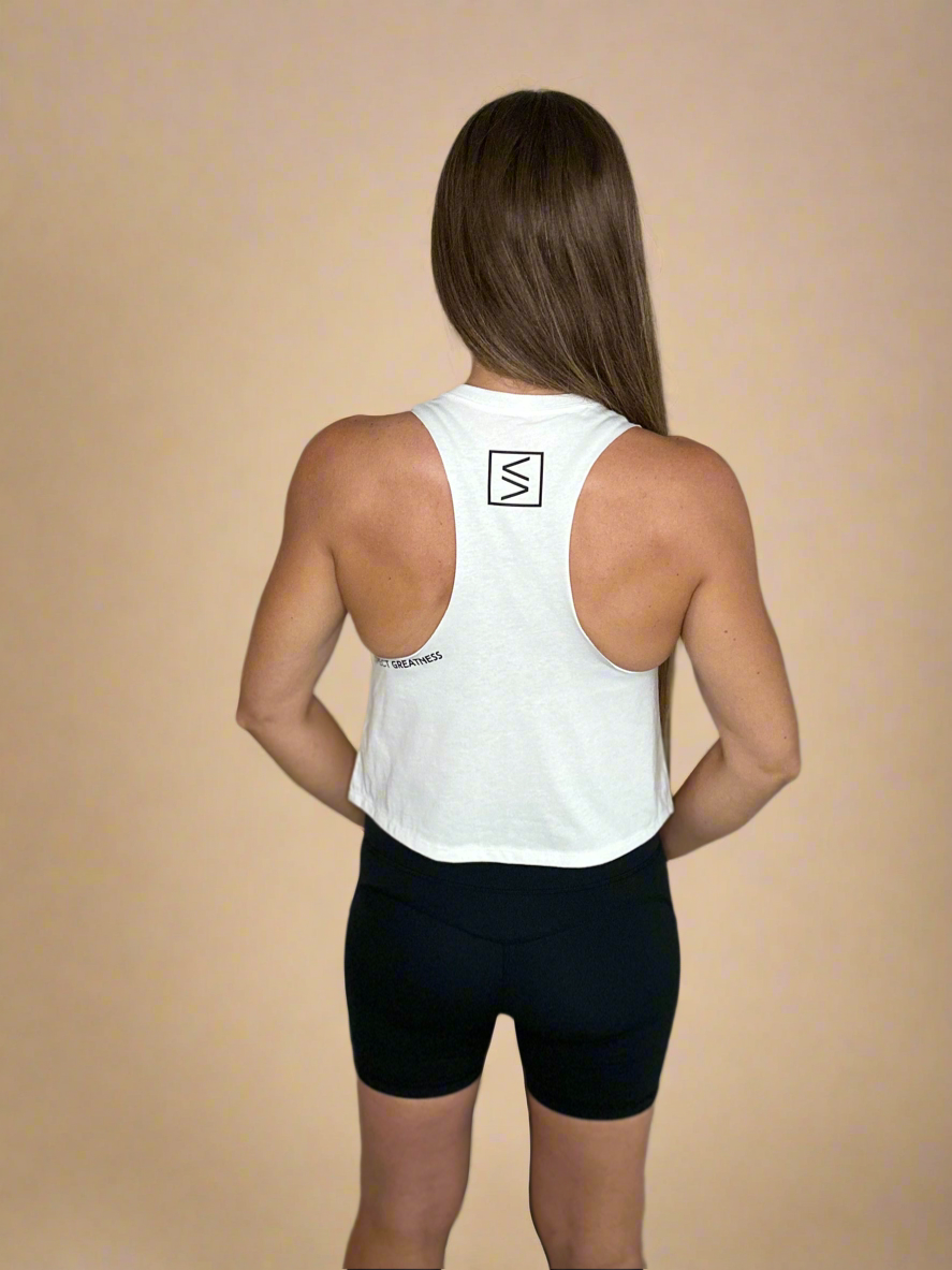 Back of Legends Classic Crop Tank in white on female model.
