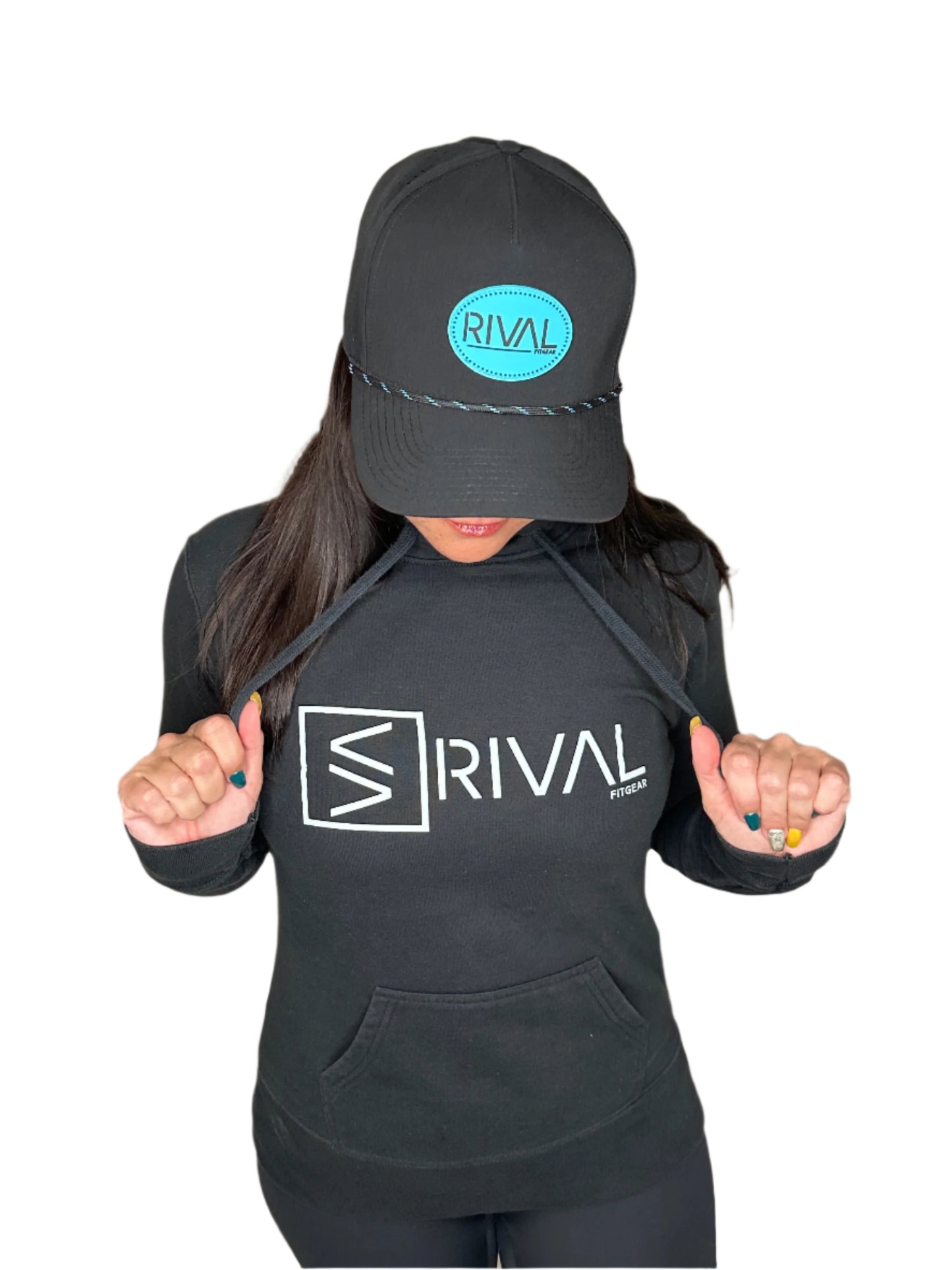 Female model wearing Legend Classic Elite Form Hoodie and Ocean Edge hat by Rival Fit Gear.