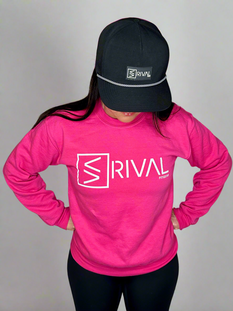 Model showcasing Legend Classic Powerhouse Pink Crew Sweatshirt.