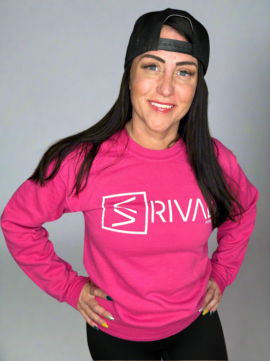 Model wearing Legend Classic Powerhouse Crew Pink and wearing a Legacy Hat backwards.