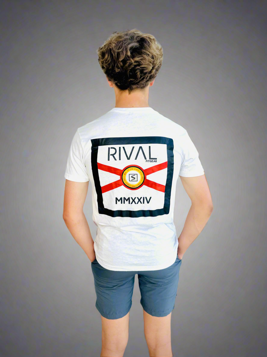 Back of male model wearing Rival Florida T with Graphite Performance Shorts.