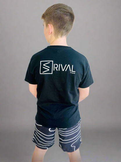 Back of child model wearing Legend Classic T Youth and Tidal Wave Shorts.