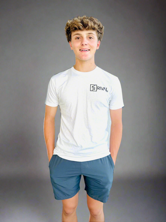 Male model wearing Rival Florida T in white.