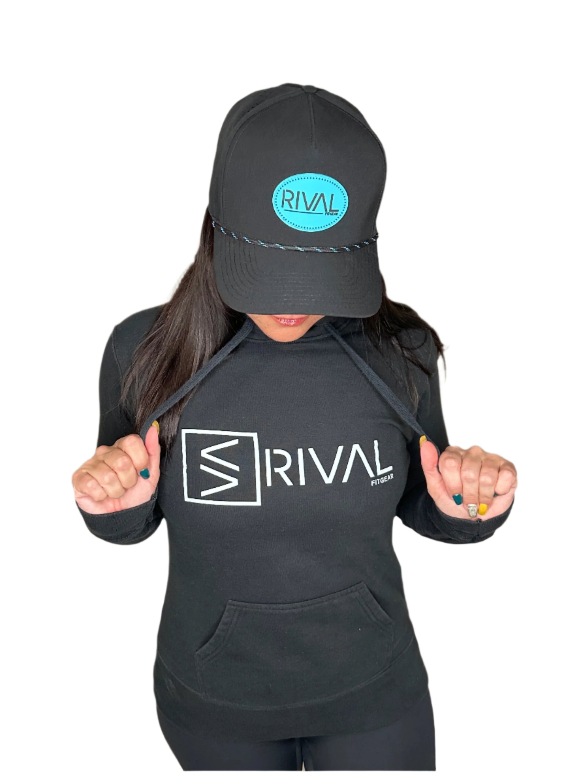 Female model wearing Legend Classic Elite Form Hoodie and Ocean Edge hat by Rival Fit Gear.