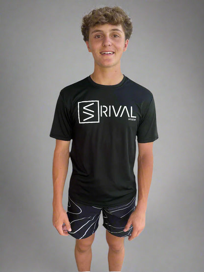 Male model wearing Legend Classic Performance T and Tidal Wave Shorts by Rival Fit Gear.