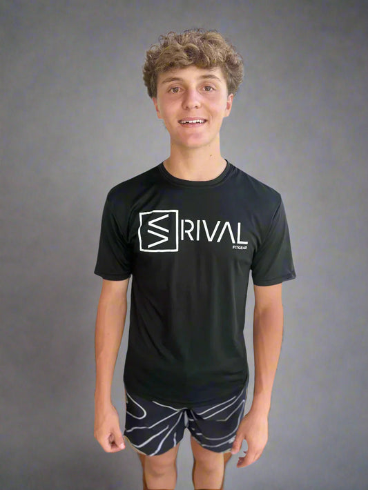 Male model showcasing Legend Classic Performance T and Tidal Wave Shorts by Rival Fit Gear.