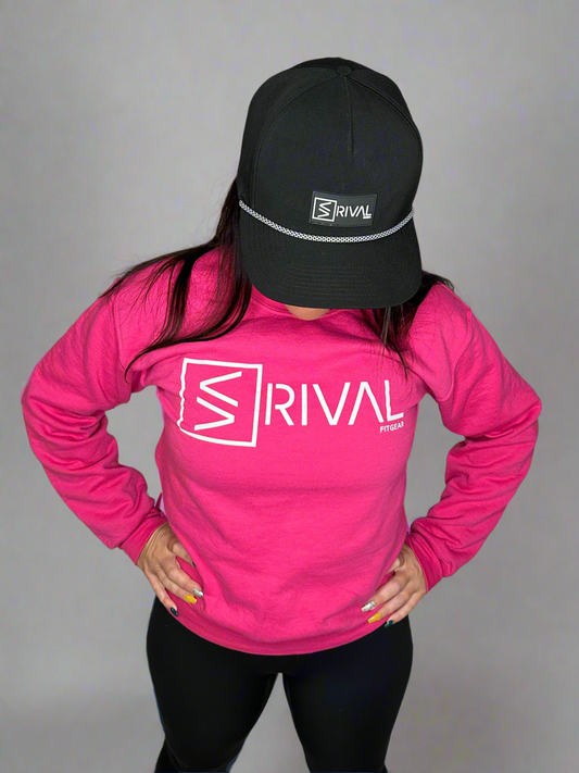 Model wearing Legend Classic Powerhouse Crew Pink and Legacy Flat Brim Hat with Rope.