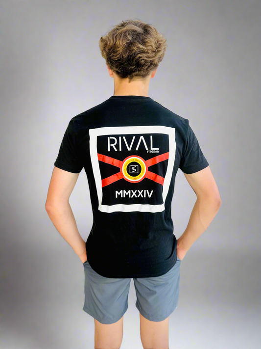 Back of male wearing Rival Florida T in black and Graphite Performance Shorts by Rival Fit Gear.