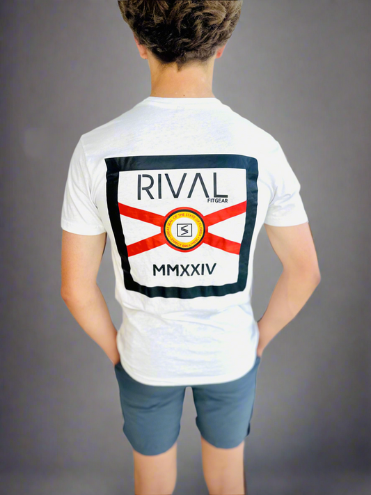 Male model wearing Rival Florida T in white.