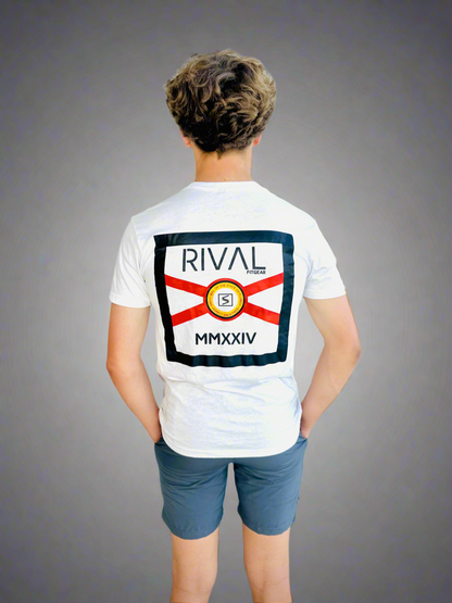 Back of male model wearing Rival Florida T with Graphite Performance Shorts. 