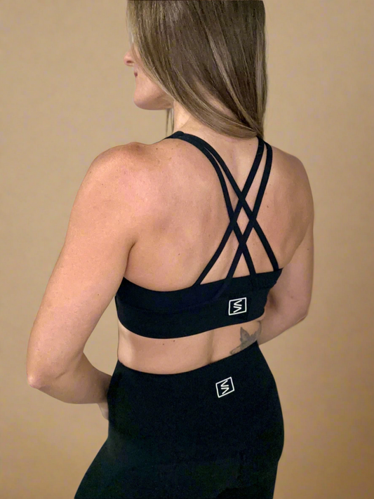 Female model wearing Powerflow Workout set in black. 