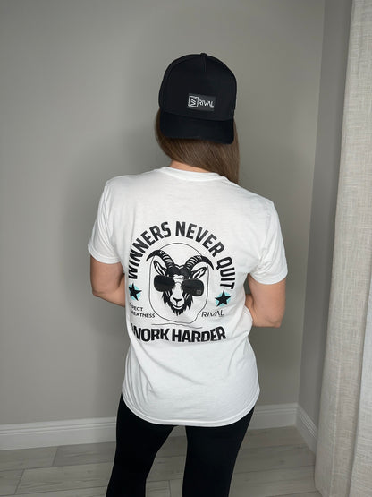 Person wearing a white t-shirt with motivational text and graphics, standing against a neutral background.
