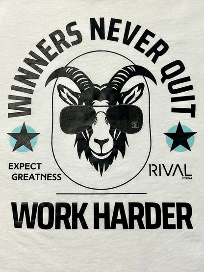 Motivational graphic with a goat wearing sunglasses and text on a light gray background