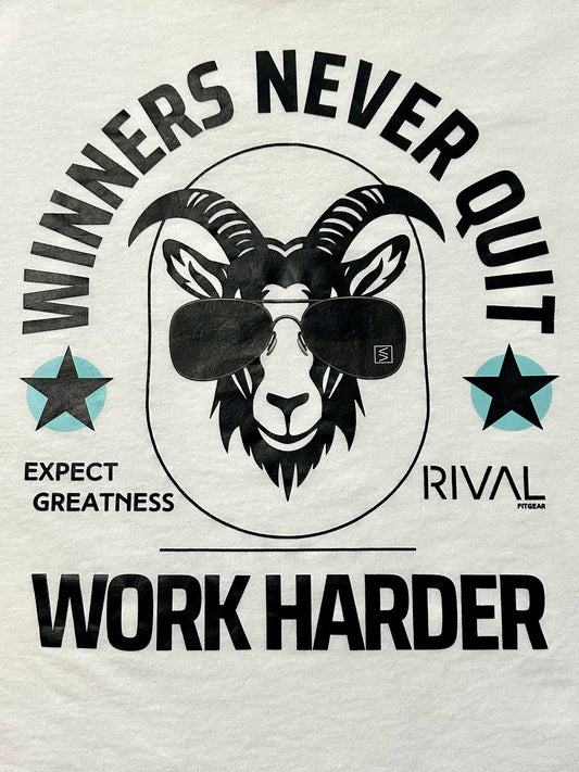 Motivational graphic with a goat wearing sunglasses and text on a light gray background