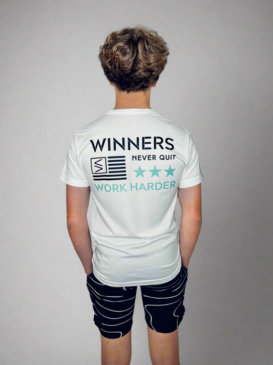 Male backside showcasing Winners Work Harder T and Tidal Wave Shorts.